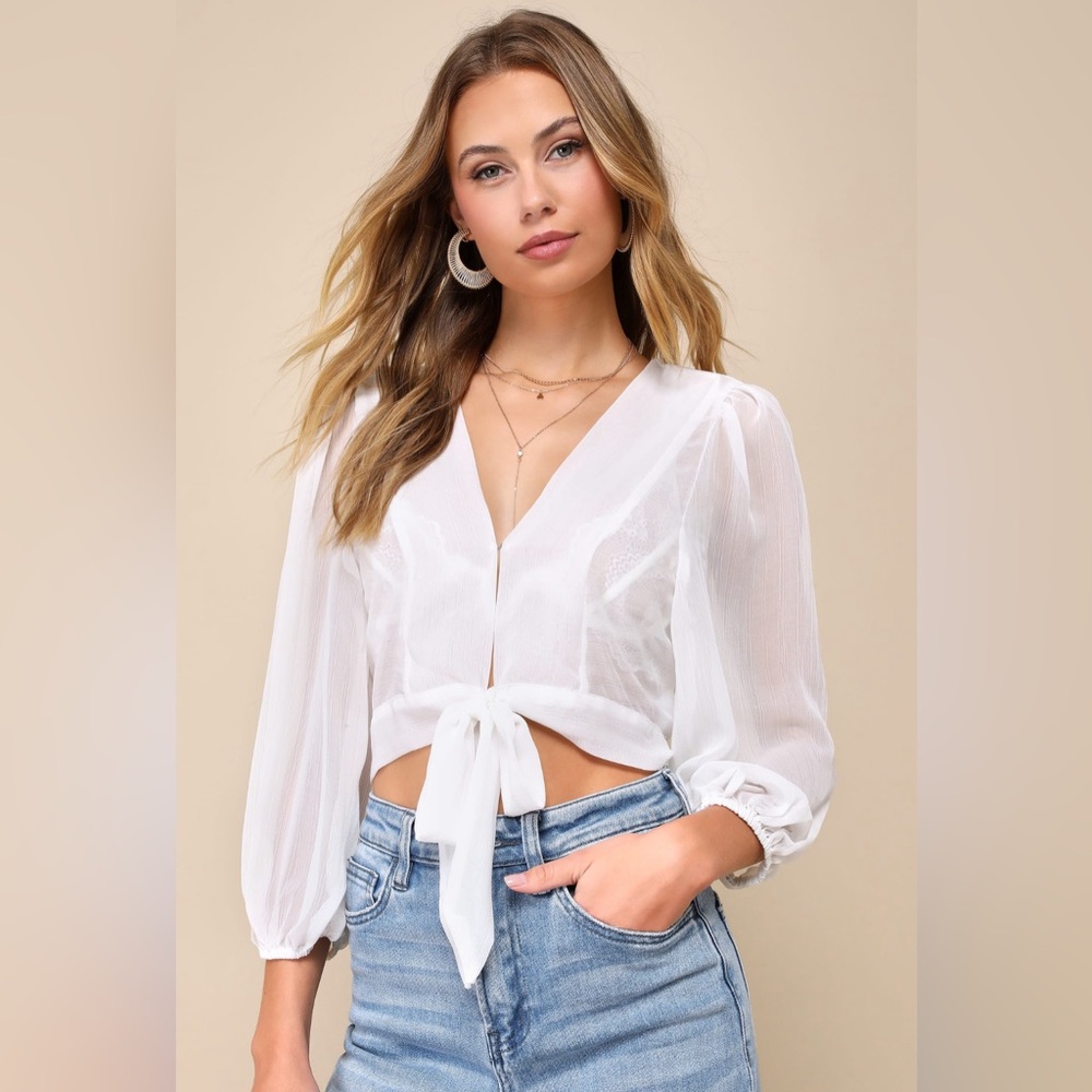 In the Breeze White Sheer Long Sleeve Tie-Front Top